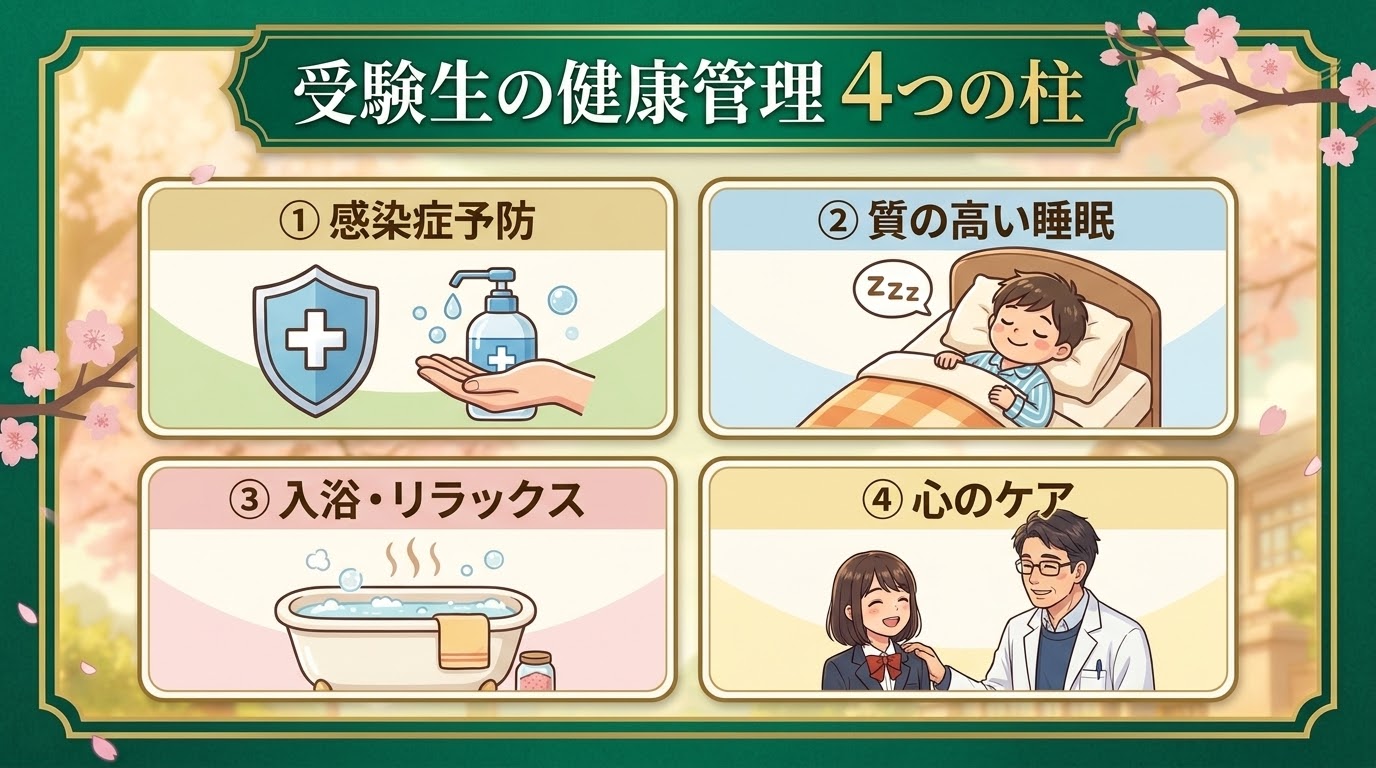 受験生の健康管理 4つの柱（感染症予防・質の高い睡眠・入浴とリラックス・心のケア）