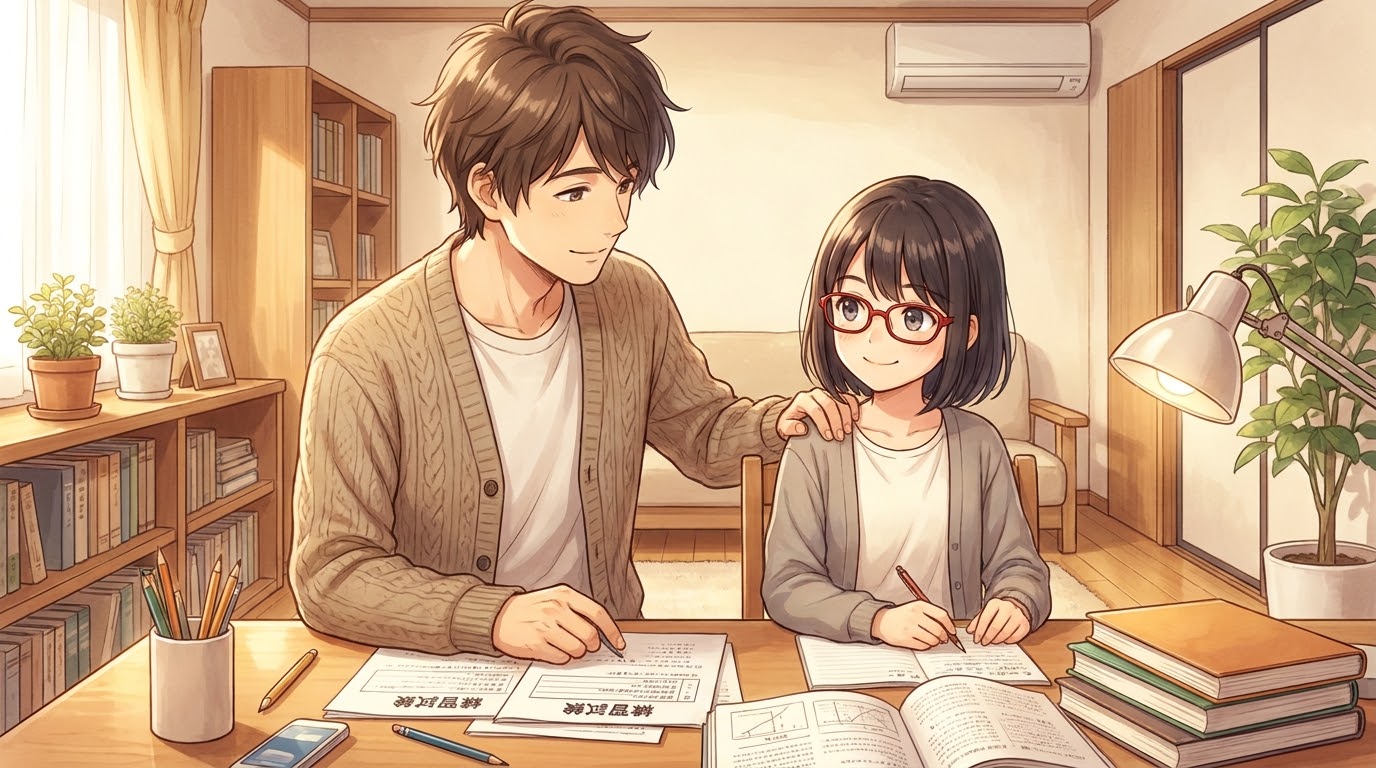 秋の焦燥期を温かい言葉と励ましで支える親のメンタル管理イラスト