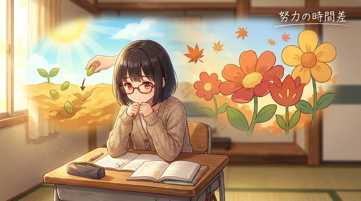 夏休みの学習の積み重ねと秋以降の成果実りのタイムラグ解説イラスト